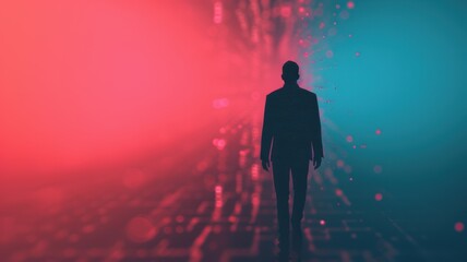 A human silhouette walking between glowing red and blue lights, symbolizing a journey through digital and abstract realms.