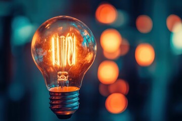 light bulb, glowing filament, warm colors, blurred background, creative lighting, vintage style, bright illumination, interior decor, ambient light source with elegant design, close up photography