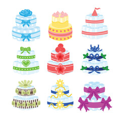 Set of baby diaper cake set collection cartoon Diapers for baby shower and young mothers, Infant newborn baby concept. Cute cake present gift isolated on white background, vector illustration.