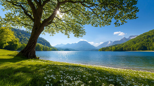 Serene Lakeside View Surrounded by Majestic Mountains and Lush Greenery with a Breathtaking Blue Sky and Vibrant Sunlight Streaming Through The Leaves