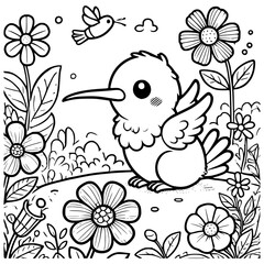 Obraz premium Coloring Page of a Cute Cartoon Hummingbird Sitting Among Flowers in a Lush Garden with Another Hummingbird Flying in the Background, Perfect for Kids’ Creative Coloring