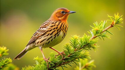 Fototapeta premium A lone Red-throated pipit perches on a delicate branch, its rust-hued throat patch and brown back feathers a warm contrast to the lush green foliage.