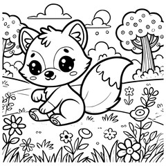 Adorable Cartoon Fox Sitting in a Lush Forest Surrounded by Flowers and Trees Line Art Coloring Page Illustration