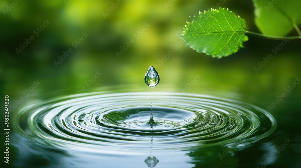 Poster a single raindrop creating a perfect circular ripple in a still pond, reflecting the surrounding gre