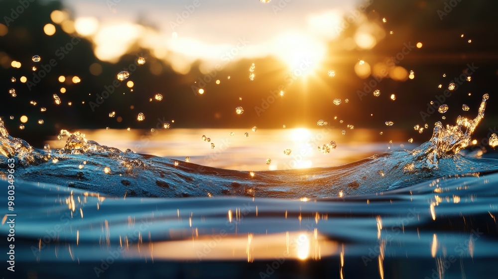 Poster a close up view of sunlight filtering through water, illuminating tiny ripples and shimmering partic