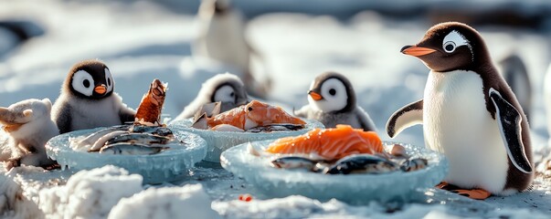 A group of cheerful penguins enjoying a feast of fresh seafood on a snowy landscape, showcasing nature's beauty and wildlife.