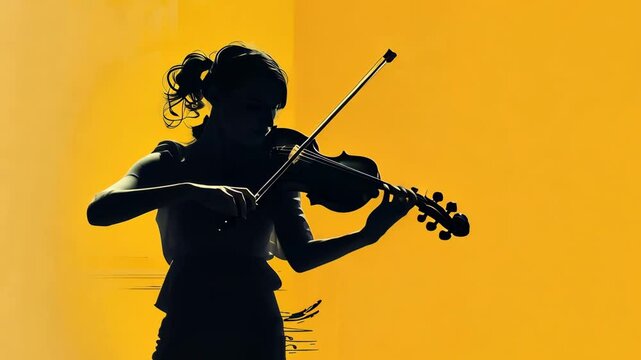 Musician playing violin silhouette on yellow background
