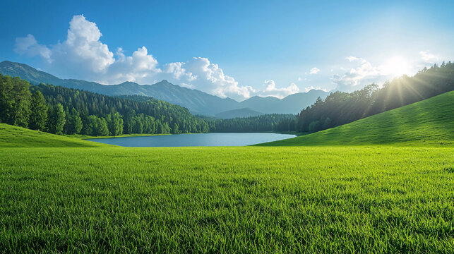 Serene Landscape of Lush Green Fields and Tranquil Lake Surrounded by Majestic Mountains Under a Clear Blue Sky