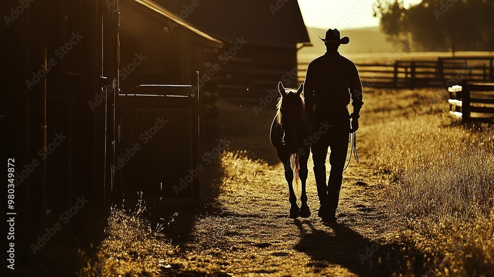 Canvas Prints A shadow cowboy leads his horse to the stables, creating an idyllic picture on the ranch. 