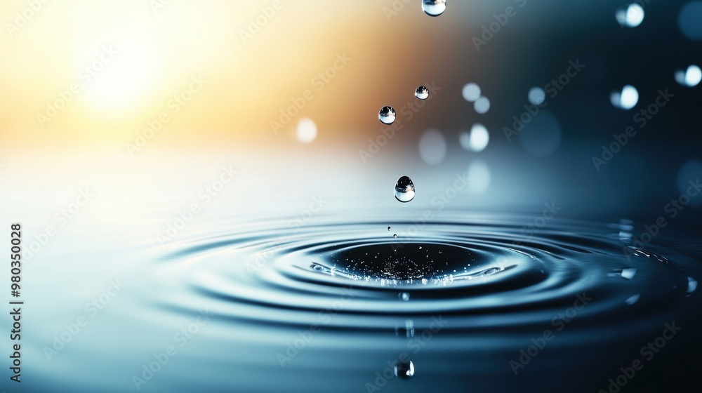 Poster a mesmerizing image of raindrops falling onto a water surface, showcasing the unique patterns and te