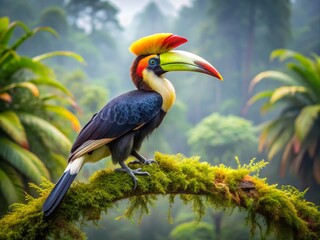 Obraz premium A majestic horned hornbill perches on a moss-covered branch, its vibrant plumage and distinctive casque blending seamlessly into the lush, misty forest surroundings.