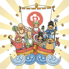 シンプルでかわいい七福神と宝船のイラスト