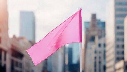 A vibrant pink flag flutters against a city skyline, symbolizing vibrancy, freedom, and expression in urban life.