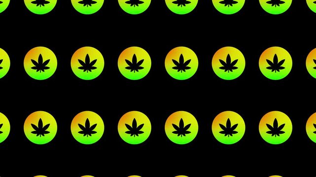 A seamless loop pattern of gradient cannabis leaves on a black background. The leaf icons smoothly and repeatedly change size and move up and down, symbolizing the cannabis culture