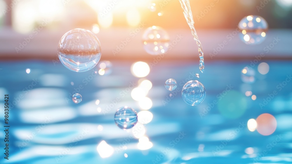 Poster a cluster of shimmering bubbles rising from the bottom of a pool, reflecting the light and creating 