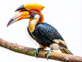 Fototapeta premium A majestic hornbill bird with vibrant plumage and distinctive casque on its beak perches confidently on a branch against a clean white background.