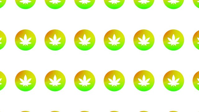 A seamless loop pattern of gradient cannabis leaves on a white background. The leaf icons smoothly and repeatedly change size and move up and down, symbolizing the cannabis culture
