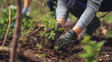 Fototapeta premium Volunteers Rejuvenating Forest Ecosystem Through Native Tree Planting To Promote Biodiversity