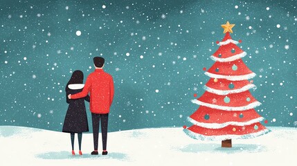 Obraz premium A romantic couple enjoying a snowy winter scene next to a beautifully decorated Christmas tree, embodying holiday cheer and love.