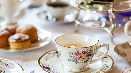 Elegant table setting for tea party with cakes and cupcakes in English manor. Vintage style.