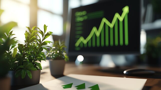 A modern workspace featuring plants and a computer screen displaying an upward growth chart, symbolizing success and productivity.