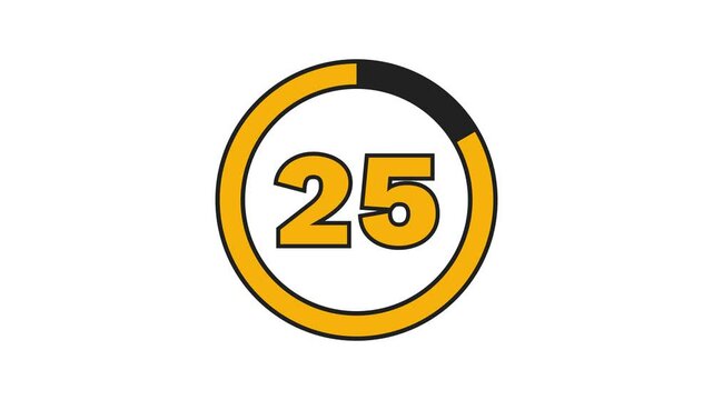 Bold outlined golden yellow 30-second countdown with a black progress ring on a white background. The progress ring decreases as seconds pass, with thick numbers indicating the time. 4K Motion Graphic