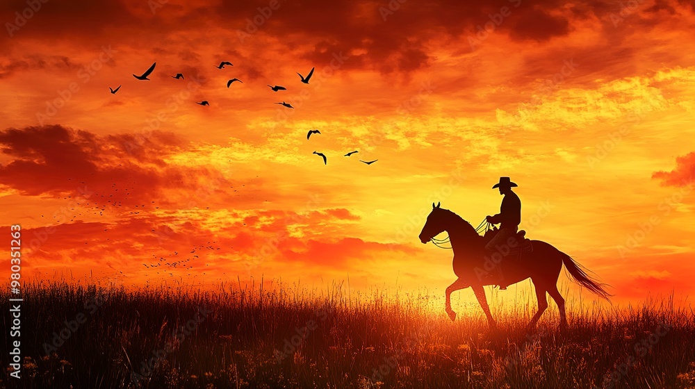 Canvas Prints Silhouette of a cowboy riding a horse against a vibrant sunrise with golden skies and flying birds