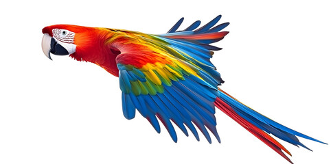 Obraz premium Isolated scarlet macaw parrot in flight, with a plain white backdrop