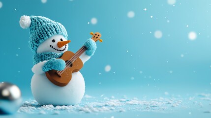 A cheerful snowman wearing a blue hat strumming a ukulele, surrounded by falling snowflakes on a bright winter background.