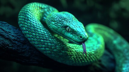 Fototapeta premium A close-up of a vibrant green snake coiled on a branch, showcasing its mesmerizing patterns and striking appearance.