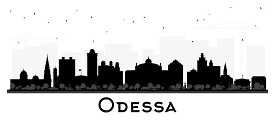 Obraz premium Odessa city skyline silhouette with black buildings isolated on white. Odesa cityscape with landmarks. Business travel and tourism concept with modern and historic architecture.
