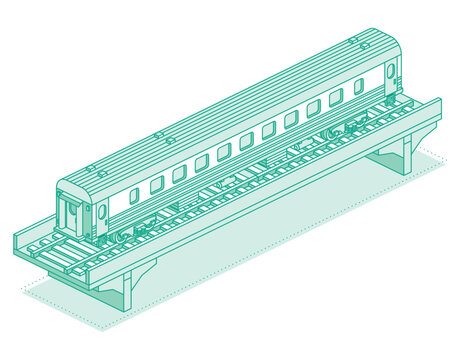 recommend clip art: Isometric passenger railroad car on bridge. Object isolated on white background. Railway. Wagon on rails. Outline passenger carriage.