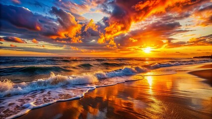 Vibrant orange hues of sunset reflect off the ocean's waves, crashing against the shore, sending water splashing onto the sandy beach, meeting the serene shoreline.