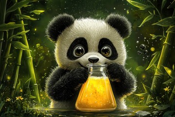 Obraz premium Adorable panda bear drinking honey in mystical forest