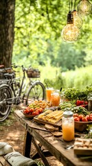 A rustic outdoor picnic scene with fresh fruits, juices, and a bicycle surrounded by greenery, perfect for summer gatherings.