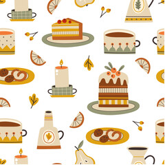 Seamless pattern for autumn mood. Autumn seasonal pastries and different drinks in cups. Coffee, cocoa, tea, cake, pumpkin pie.