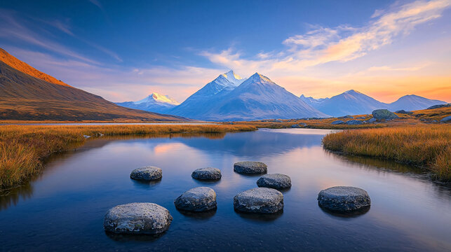 Majestic Mountains Reflected in a Serene Lake Surrounded by Vibrant Autumn Colors and Dramatic Skies Welcoming the Dawn of a New Day