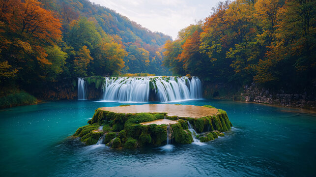 Serene Cascading Waterfalls Surrounded by Lush Autumn Foliage Reflecting on Crystal Clear Waters in a Picturesque Nature Landscape