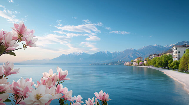 Serene Lake View with Blooming Magnolia Flowers and Majestic Mountains Under Clear Blue Sky in Vibrant Spring Atmosphere