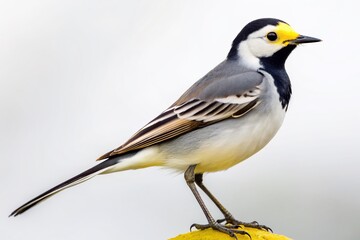 Obraz premium Isolated white wagtail bird with distinctive black cap and yellow belly perches on a pure white background, showcasing its elegant plumage and striking features.