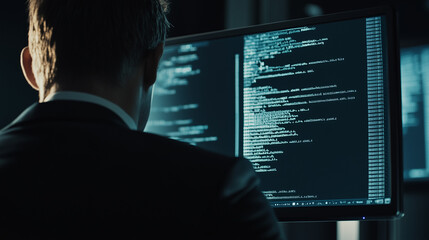 Government official in suit facing computer with cybersecurity alerts, symbolizing the seriousness of cyber threats and government hacking concerns