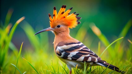 Vibrant African hoopoe bird with distinctive crest and black-and-white striped feathers perches on lush green grass, showcasing its unique beauty in nature's serene setting.