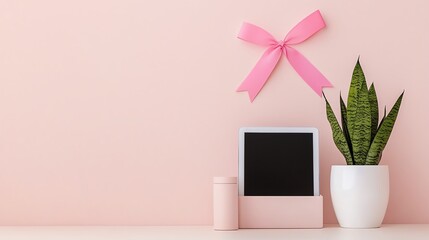 Stylish workspace with pink decorations, a plant, blank frame, and ribbon against a pastel wall, perfect for modern aesthetics.