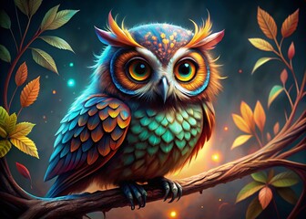 Vibrant owl with bright plumage and large round eyes perches on a branch against a dark mysterious...