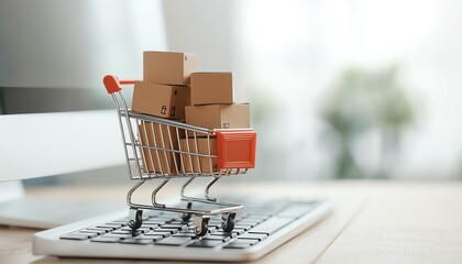 A shopping cart filled with boxes on a keyboard, symbolizing online shopping and e-commerce convenience.