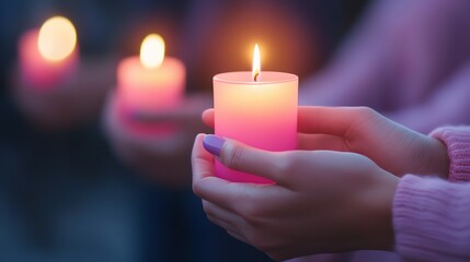 Softly glowing candles held in hands, creating a warm and serene atmosphere ideal for meditation or remembrance.