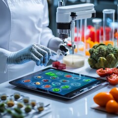 Artificial intelligence analyzing nutritional data on a digital tablet in a food lab, AI in nutrition, data-driven food technology
