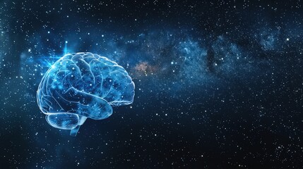 Glowing blue brain hologram with a neural connections background