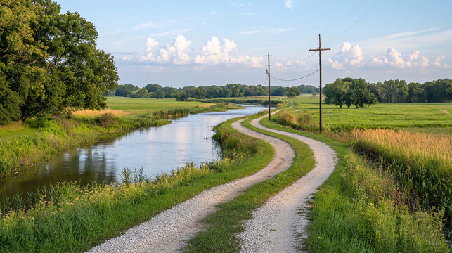 Scenic Country Road Winding Along a Serene River Surrounded by Lush Green Fields and Beautiful Skies, Perfect for Nature Lovers and Photography Enthusiasts