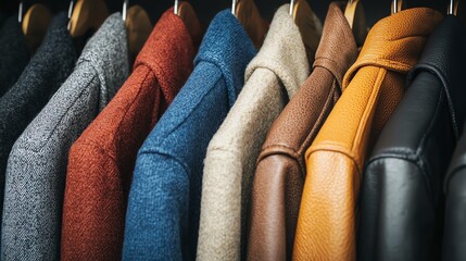 A collection of stylish coats hanging neatly on hangers, showcasing various colors and fabrics in a modern wardrobe setting.